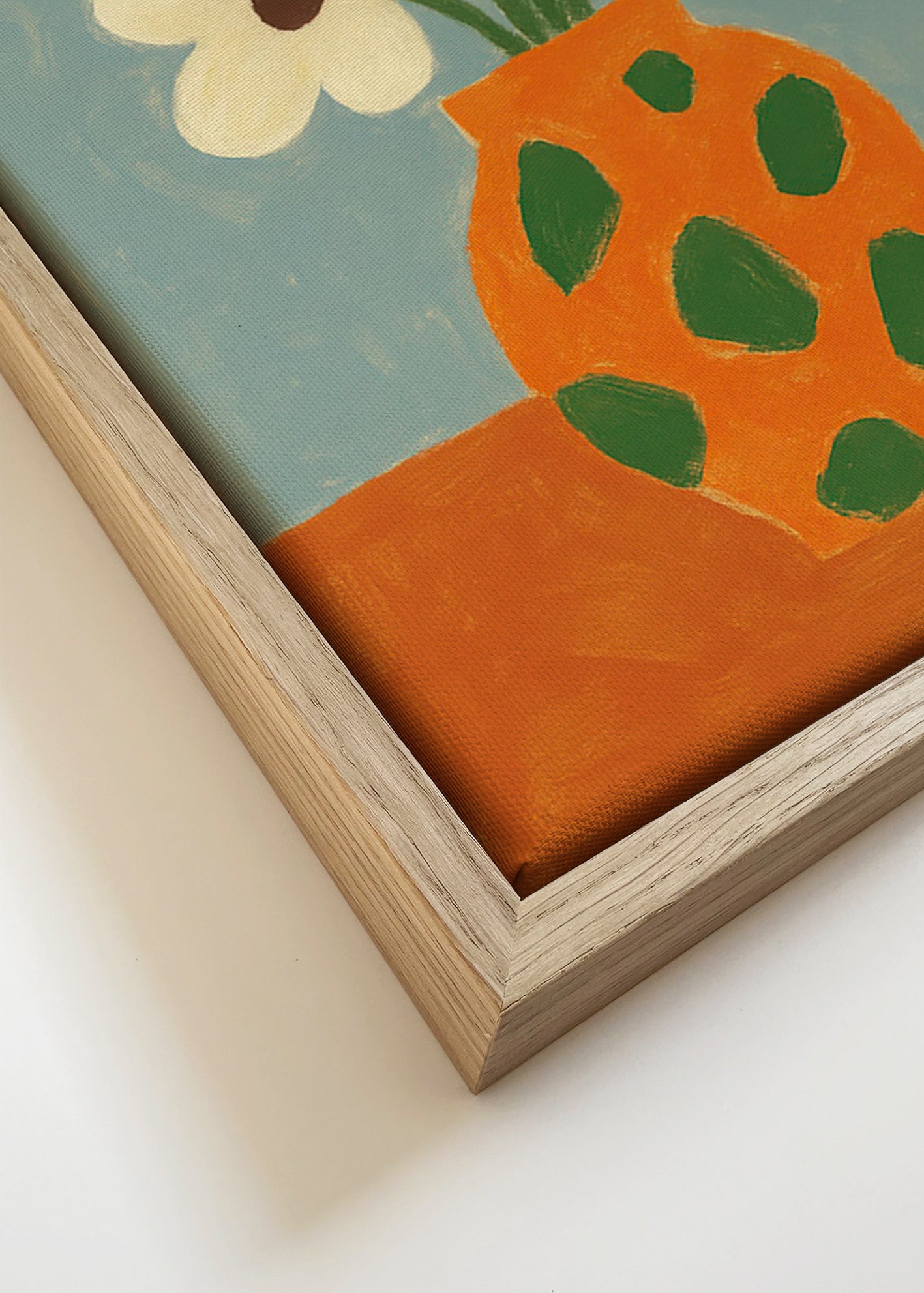 Lámina botánica: jarrón naranja con flores – Canvas detail