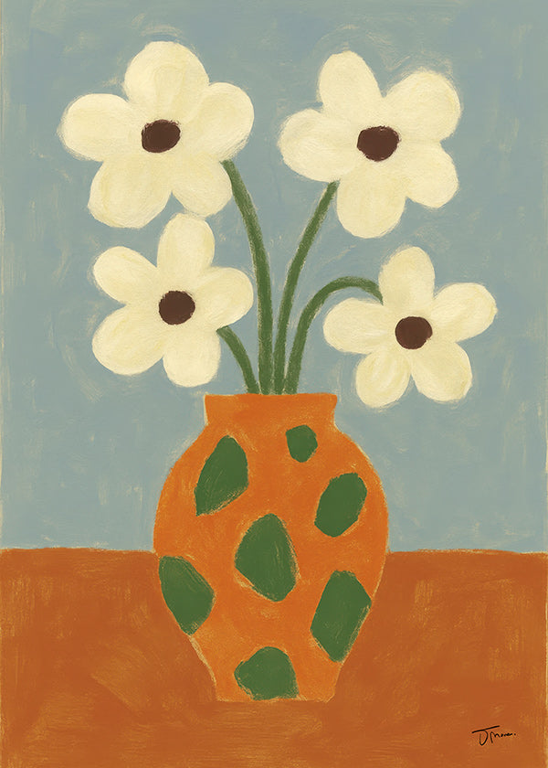 Lámina botánica: jarrón naranja con flores