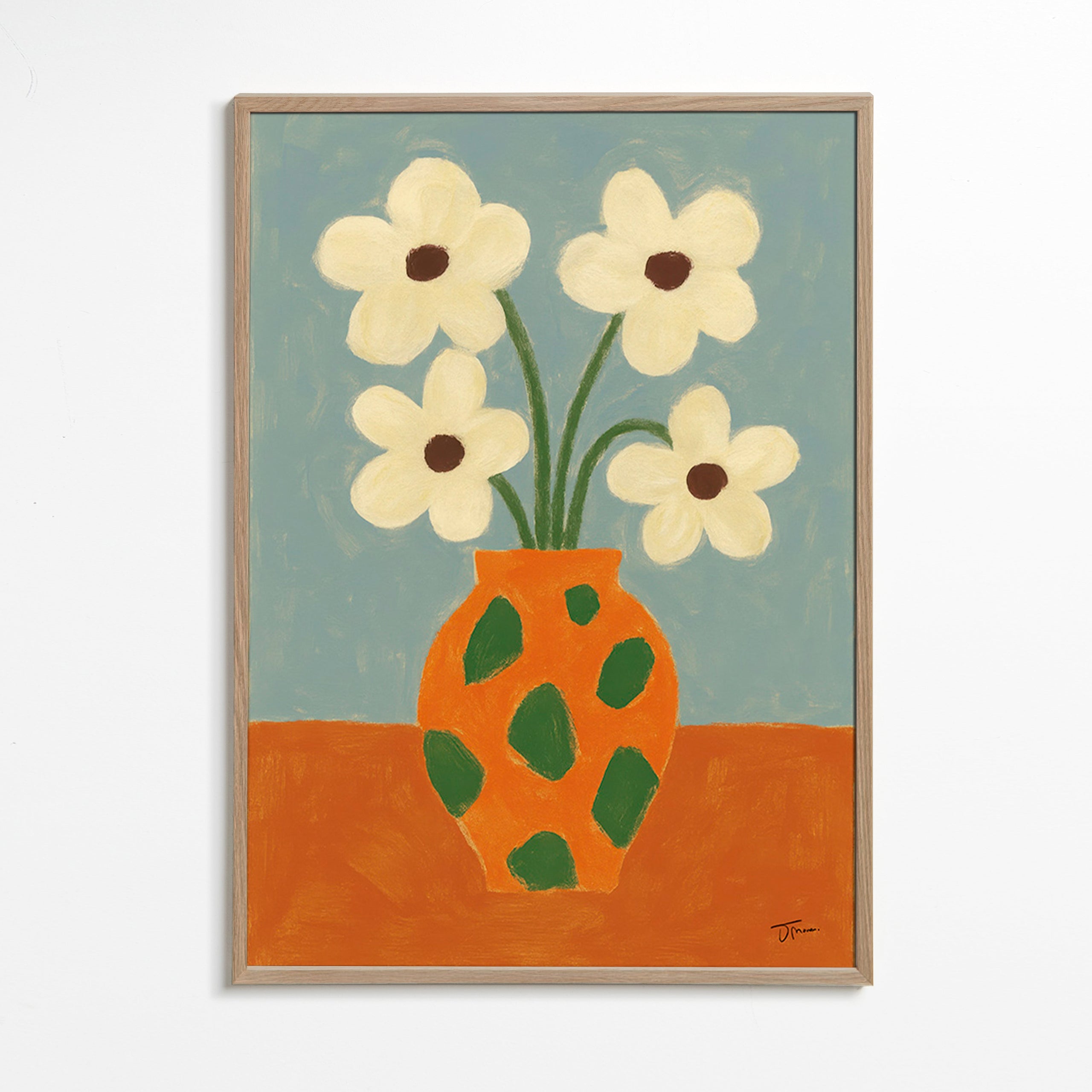 Lámina botánica: jarrón naranja con flores – Oak Frame