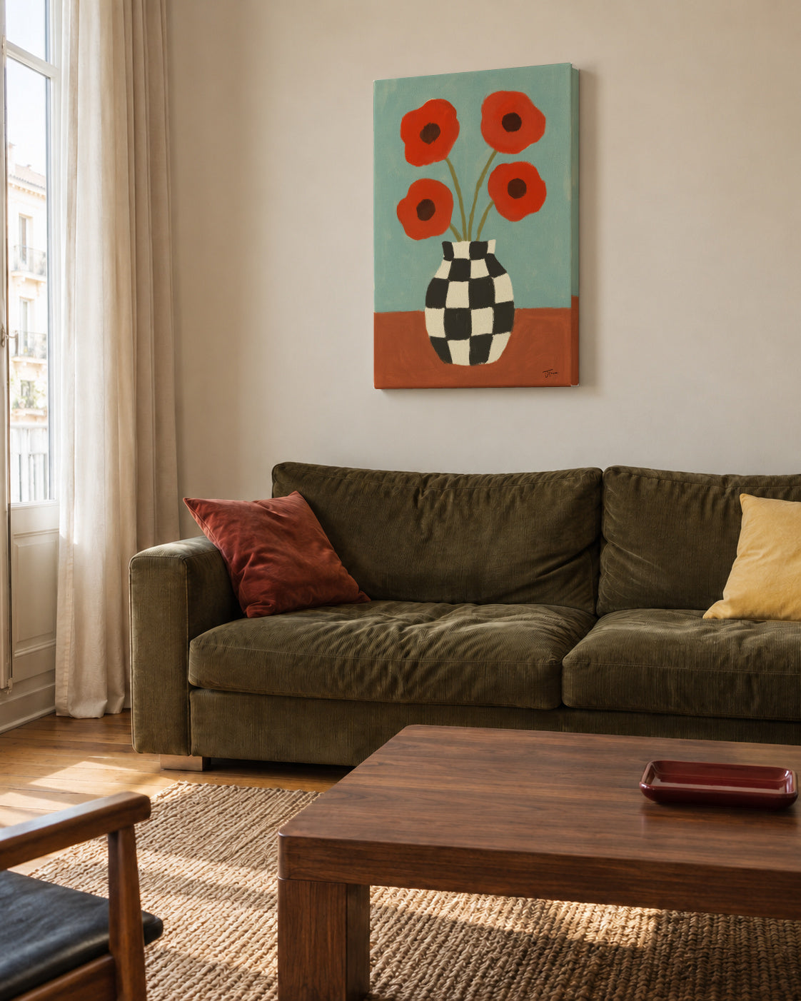 Checkerboard Poppies - Unframed canvas in an interior