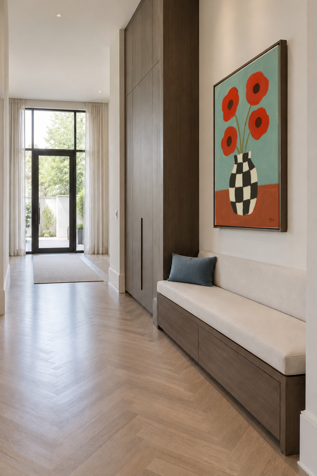 Checkerboard Poppies - Framed canvas in an interior