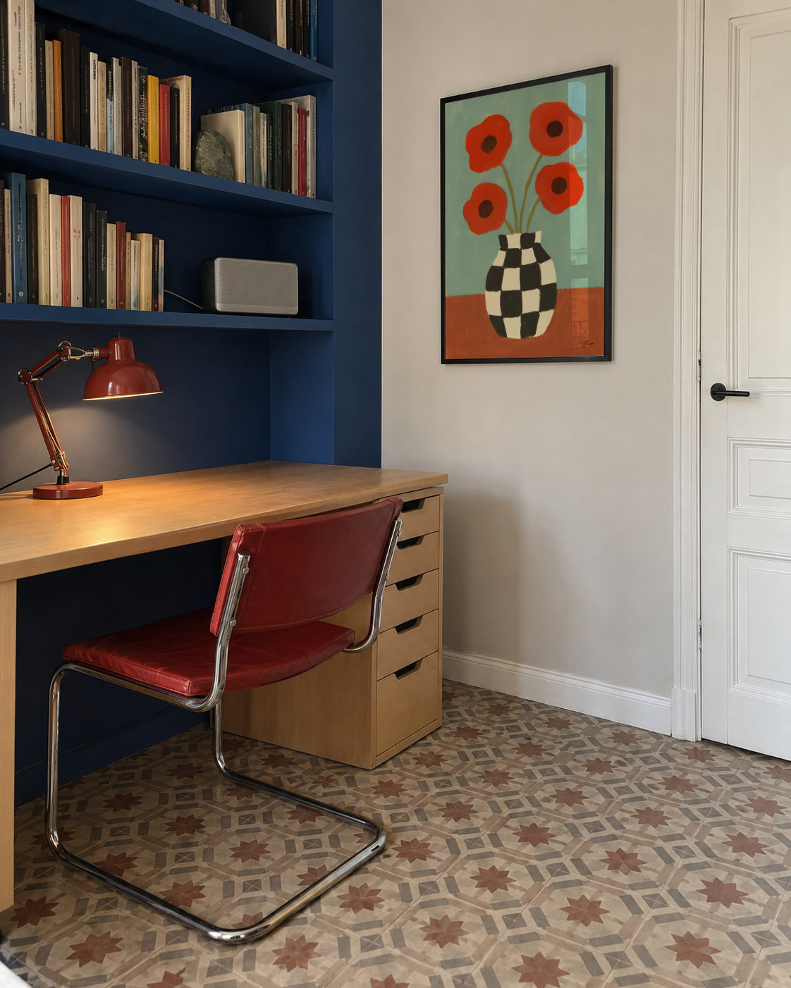 Checkerboard Poppies - Framed poster in an interior