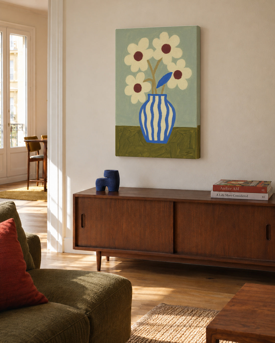 Blue Waves Vase - Unframed canvas in an interior