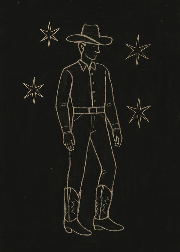 Ilustración vaquero en línea dorada