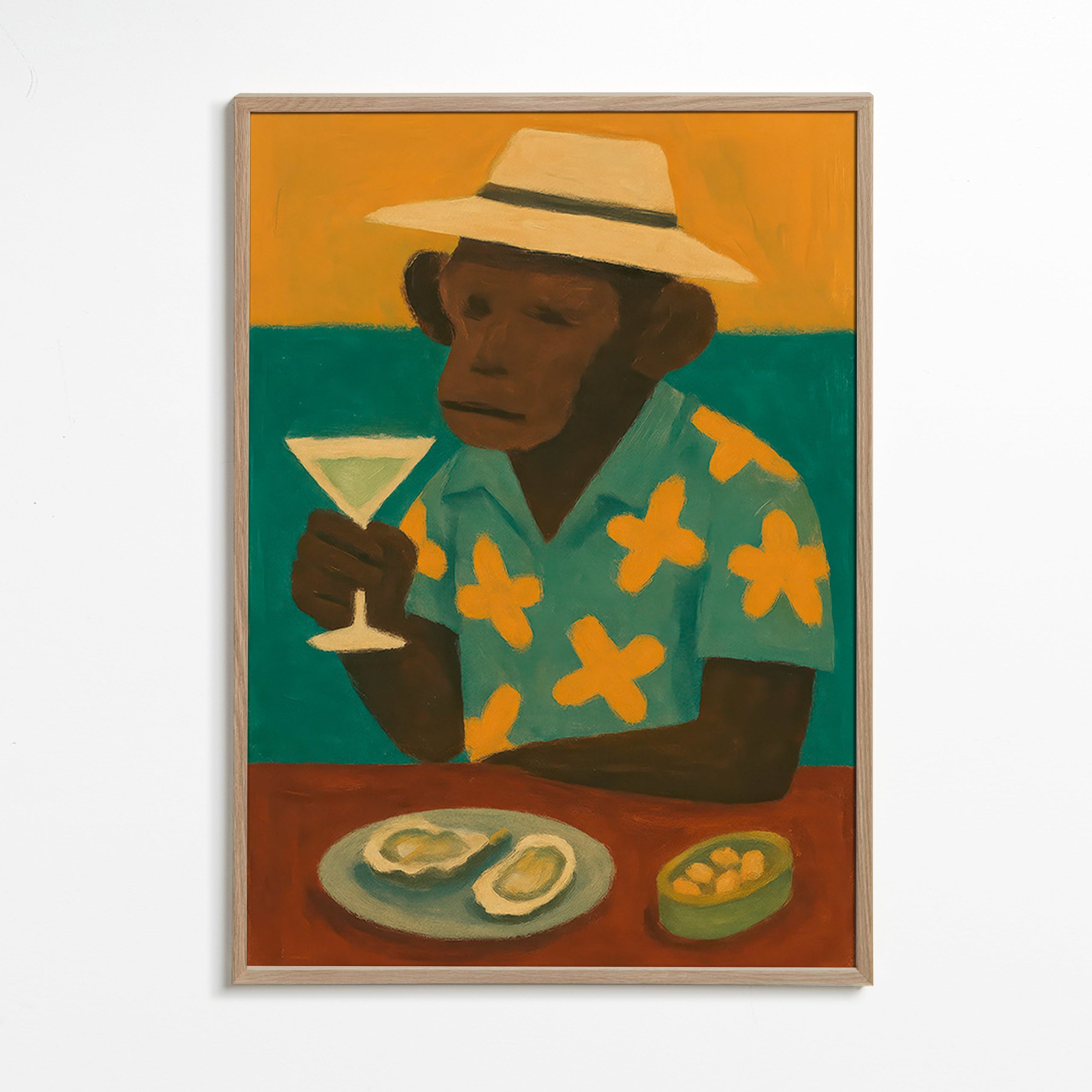 Cuadro de cocina con mono y cóctel – Oak Frame