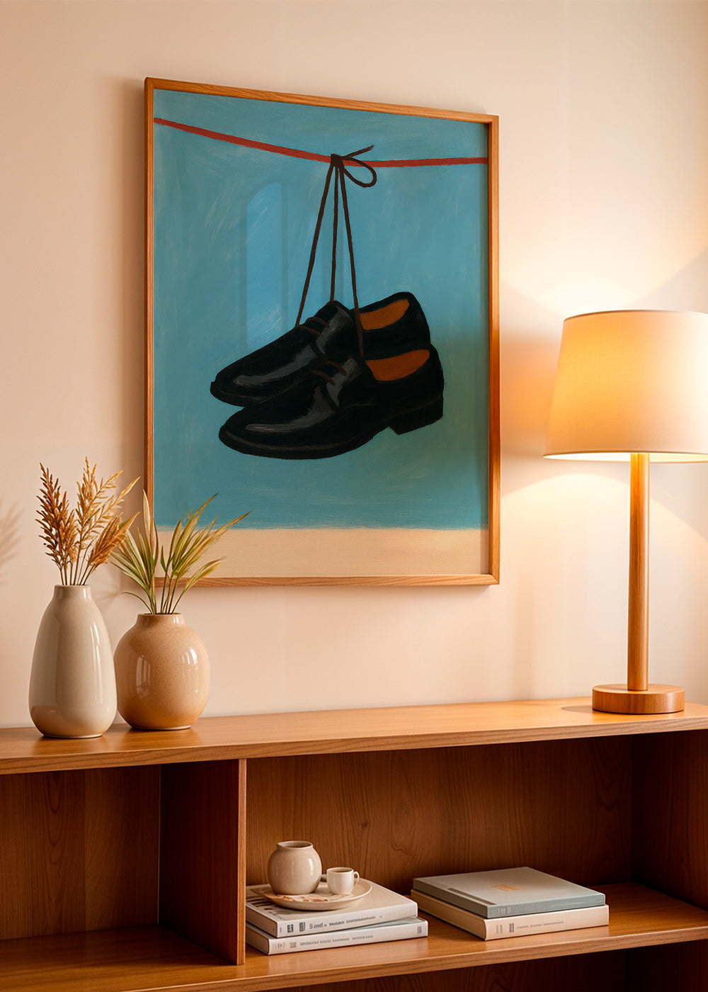 Ilustración de zapatos colgantes sobre fondo azul – Product2