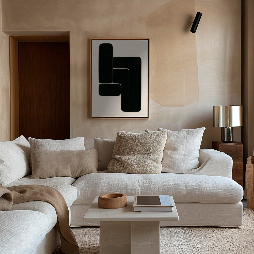 Cuadro geométrico en formas negras y fondo crema – Canvas1