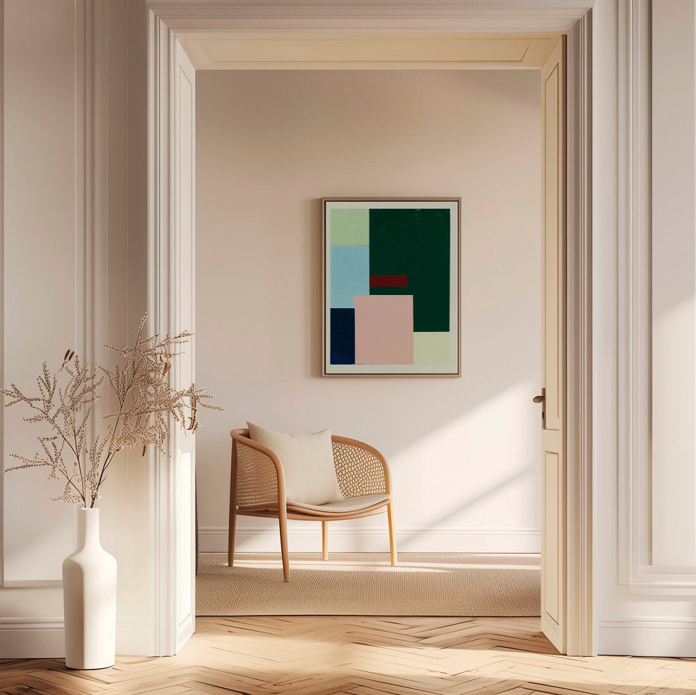 Cuadro geométrico de bloques: verde profundo y rosa suave – Canvas1