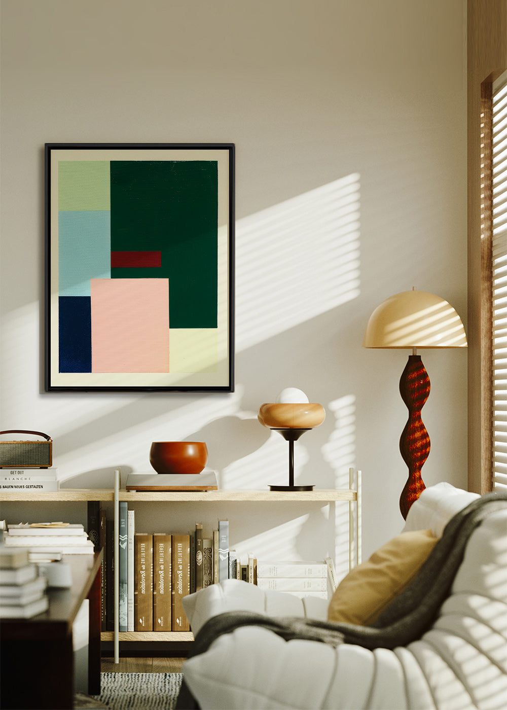 Cuadro geométrico de bloques: verde profundo y rosa suave – Canvas2