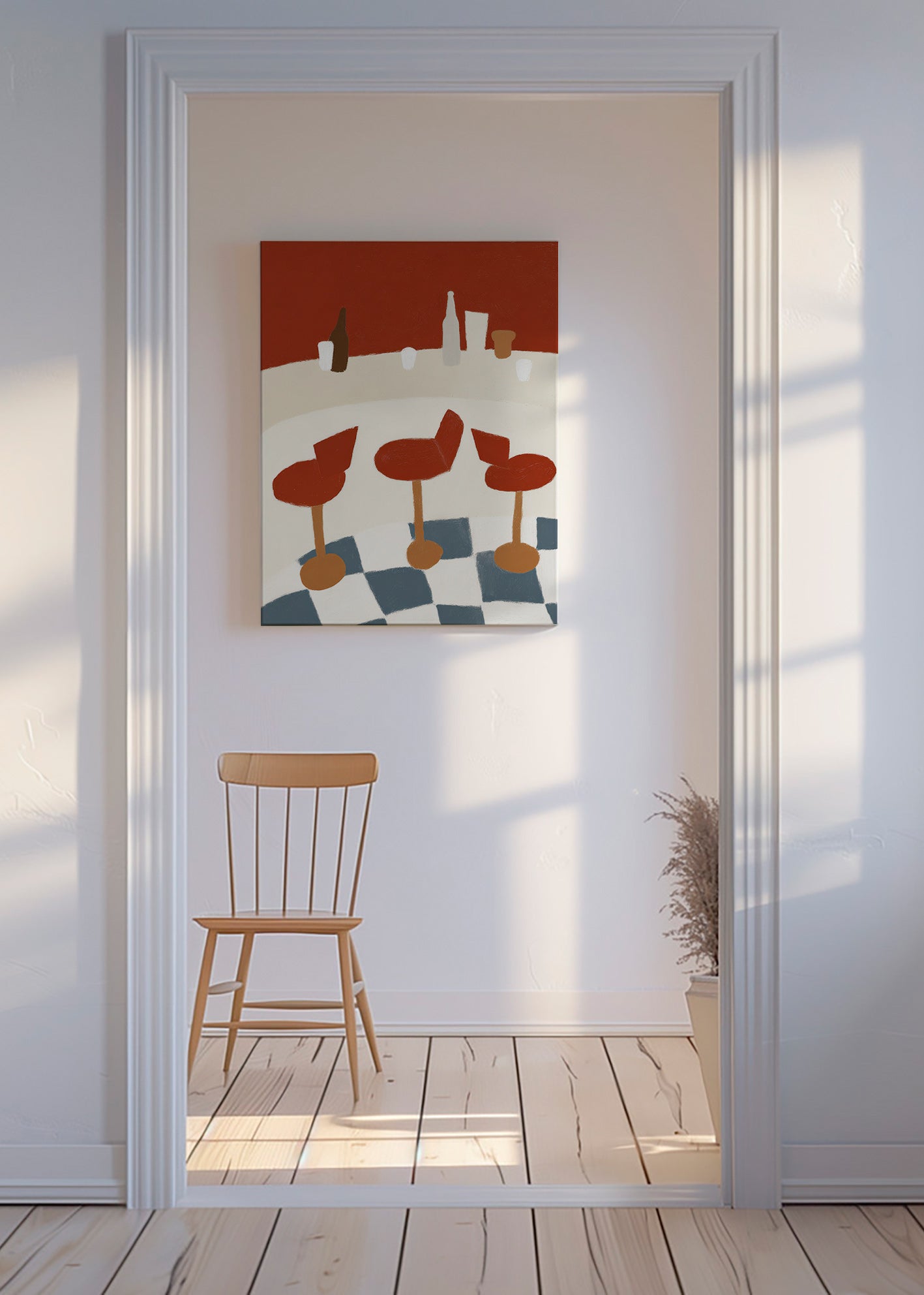 Cuadro de cocina con taburetes rojos y suelo a cuadros – Canvas