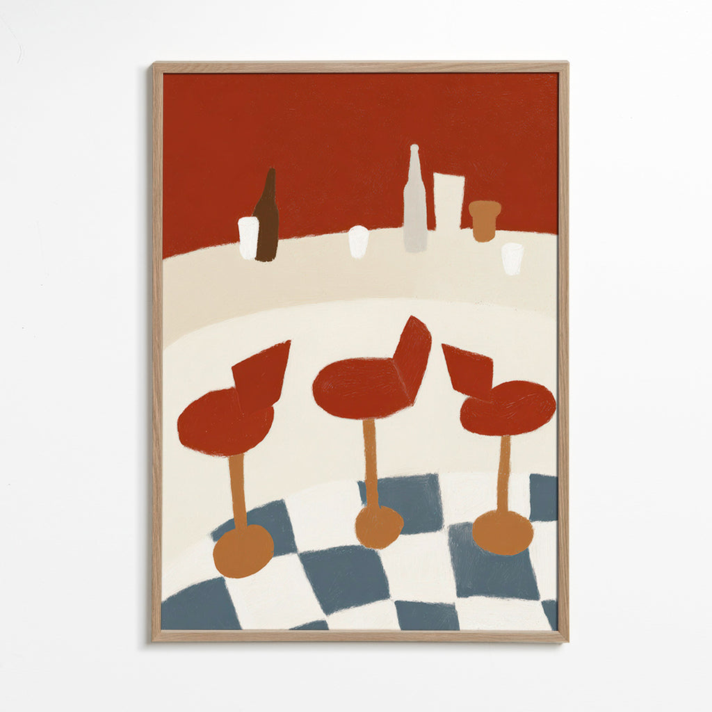 Cuadro de cocina con taburetes rojos y suelo a cuadros – Oak Frame