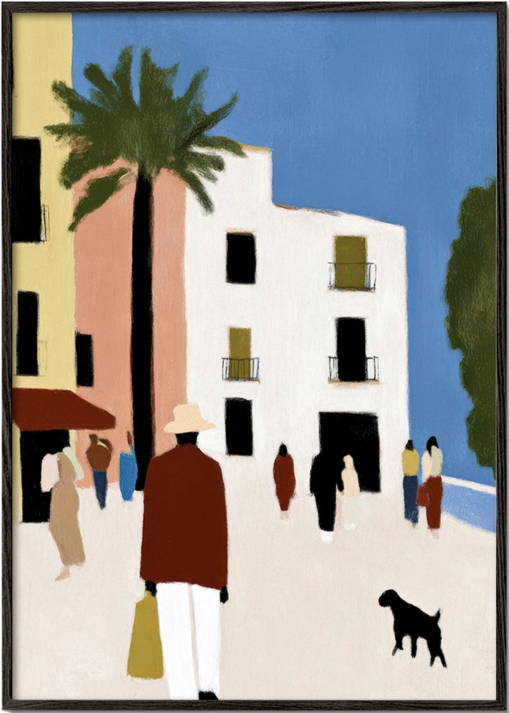 Cuadro de ciudades con paseo mediterráneo y palmera – Black Frame