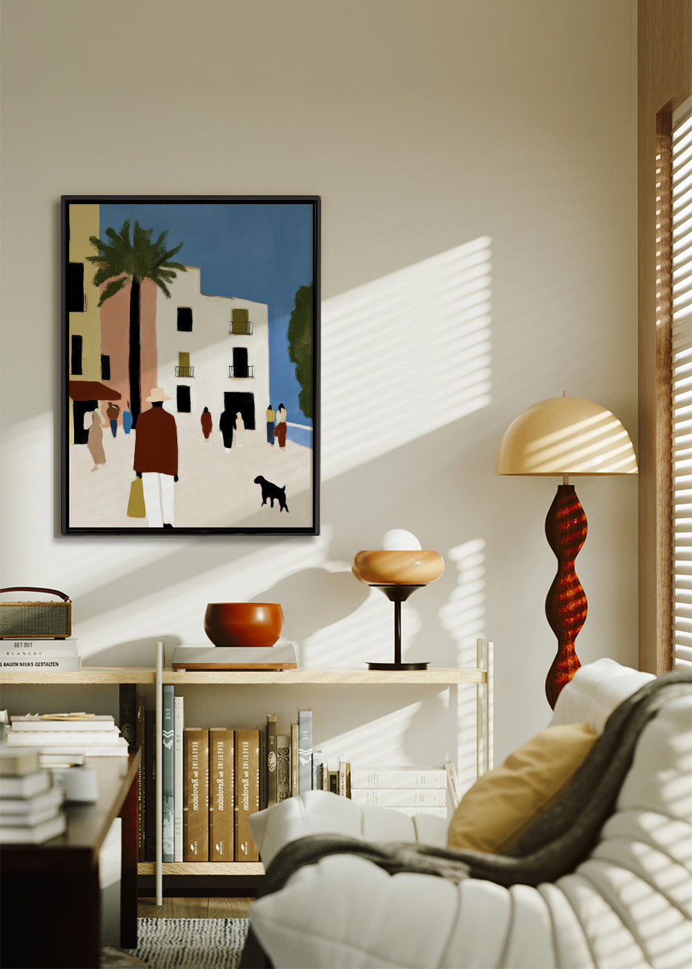 Cuadro de ciudades con paseo mediterráneo y palmera – Canvas2