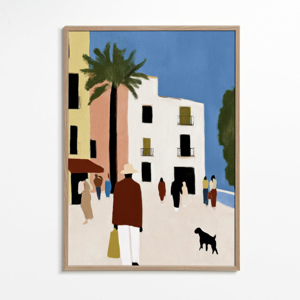 Cuadro de ciudades con paseo mediterráneo y palmera – Oak Frame