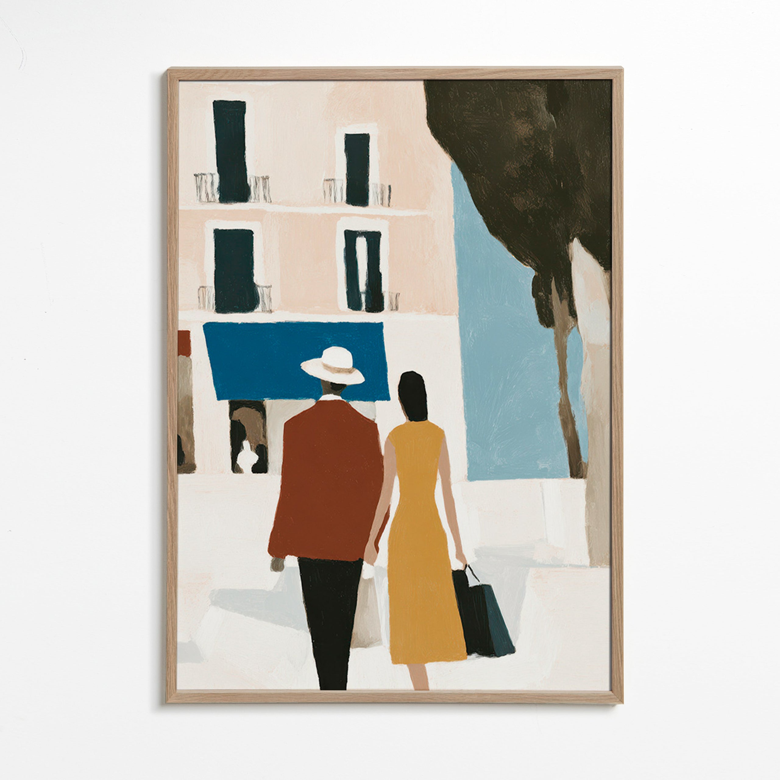 Ilustración de pareja sobre ciudad minimalista – Oak Frame