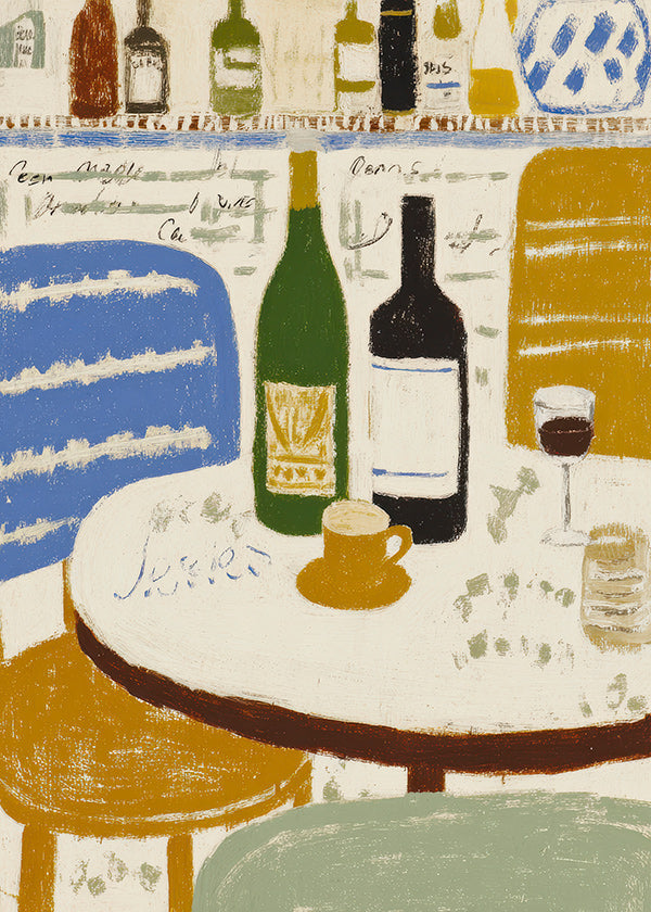 Cuadro de cocina con botellas y taza bistró