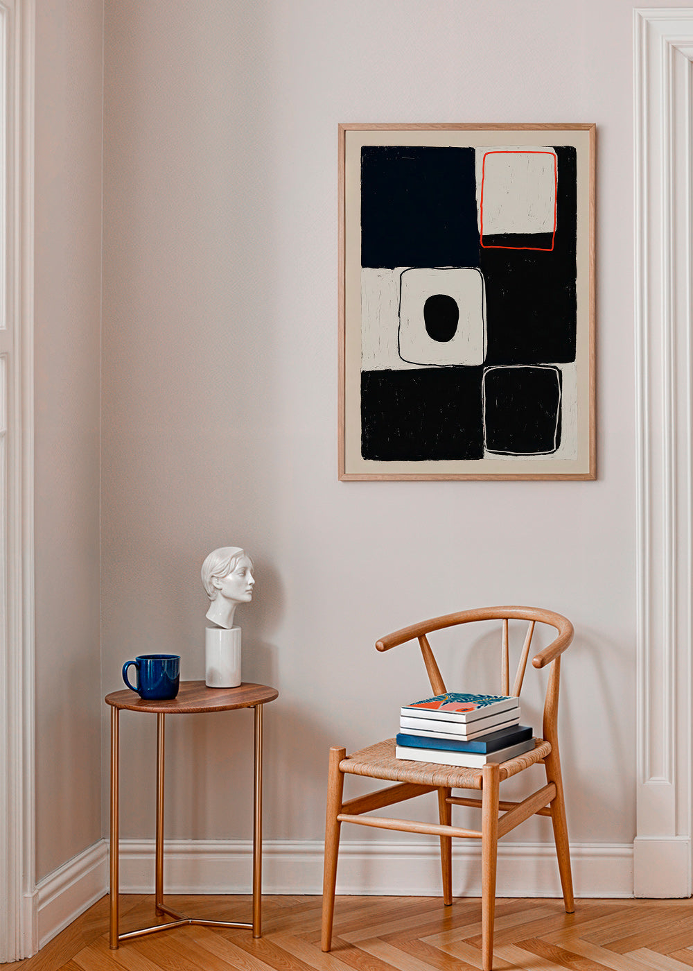 Cuadro geométrico con bloques y trazo rojo – Product3