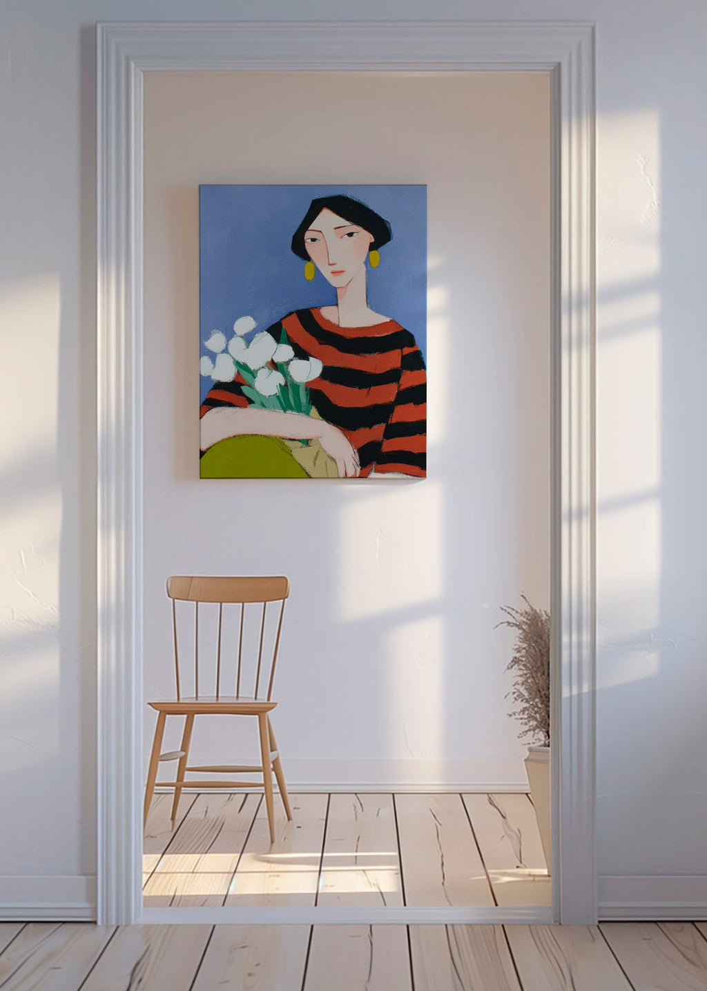 Ilustración de mujer con tulipanes blancos – Canvas