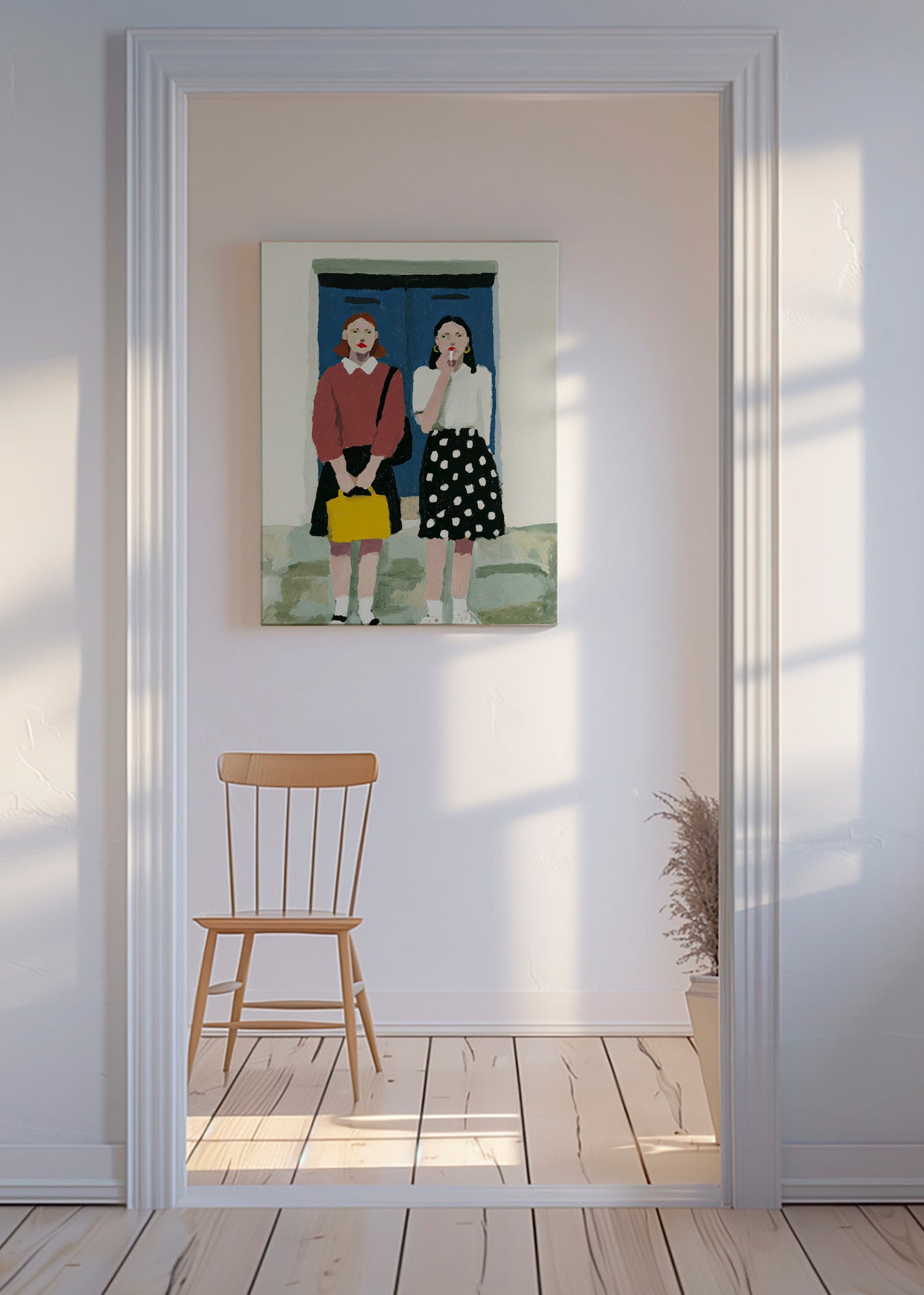 Ilustración de dos figuras frente a puerta azul – Canvas