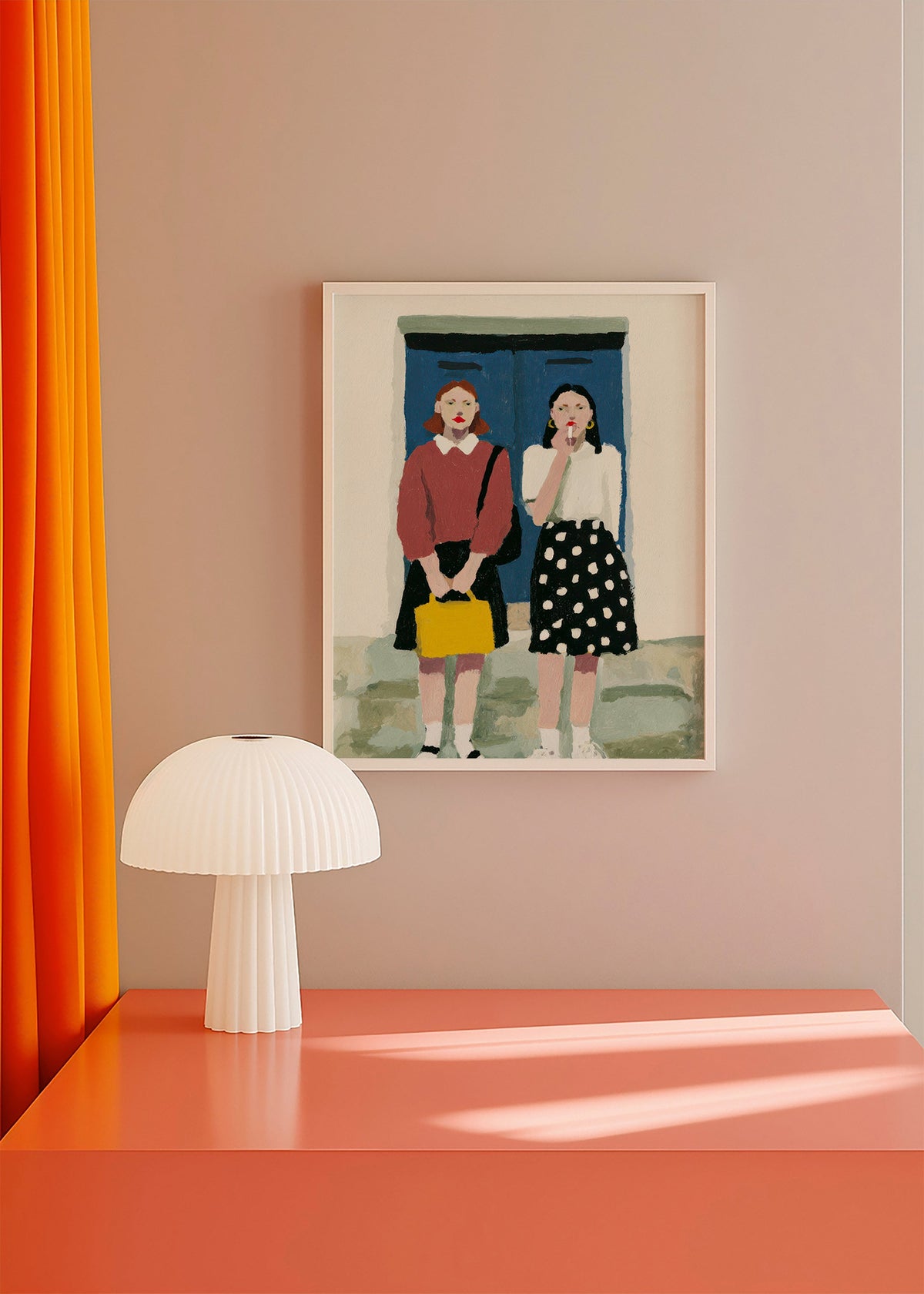 Ilustración de dos figuras frente a puerta azul – Product1