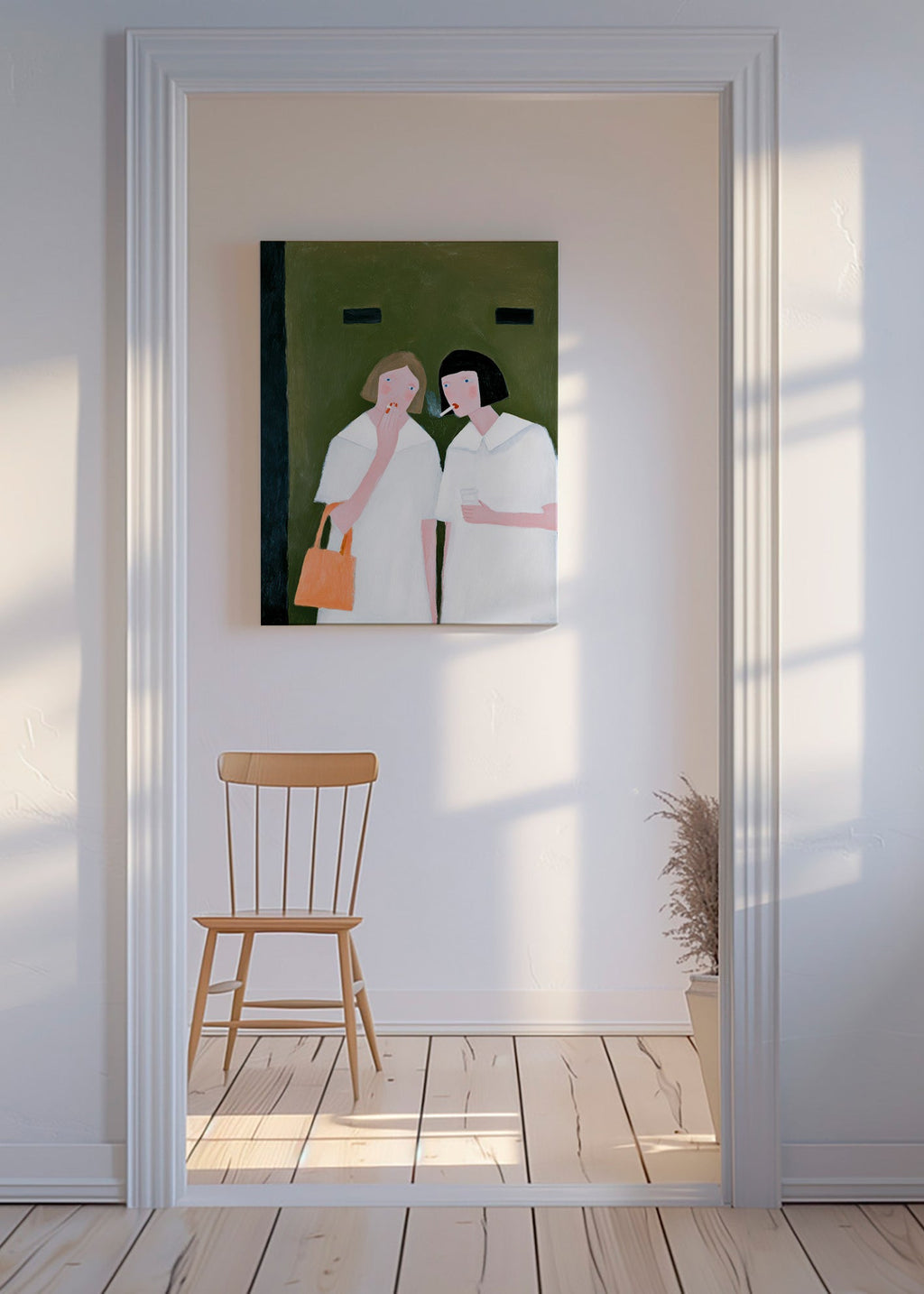 Ilustración de dos figuras fumando en tonos suaves – Canvas