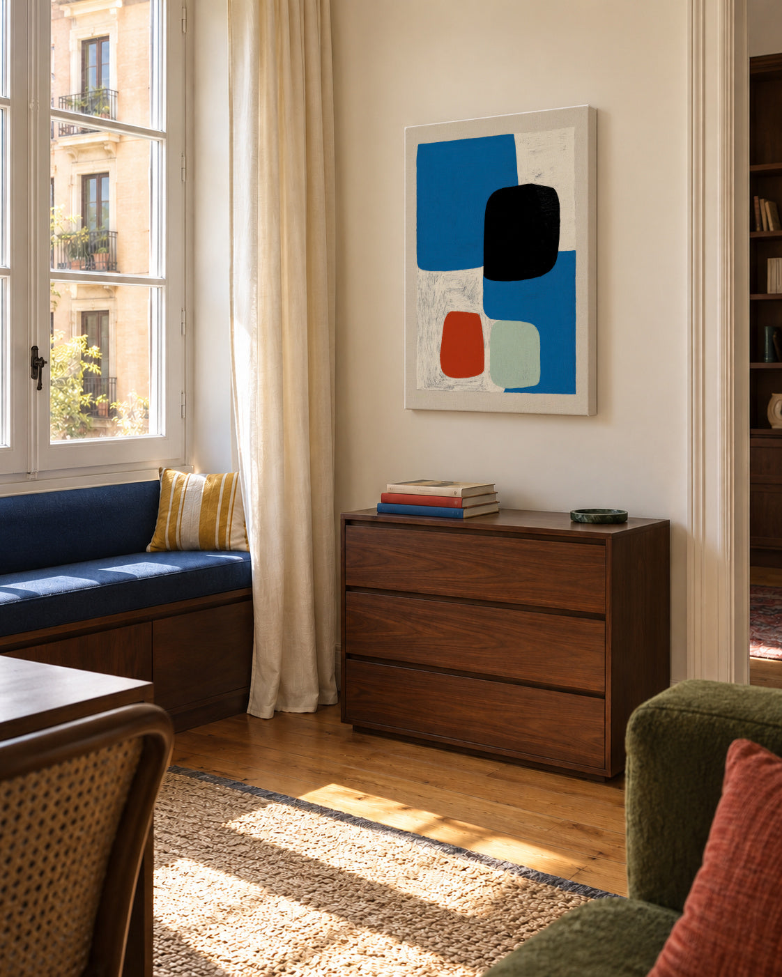 Blue & Ochre Fragment - Unframed canvas in an interior