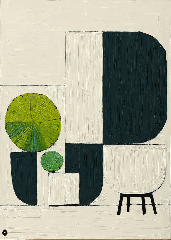 Lámina botánica geométrica con hojas verdes