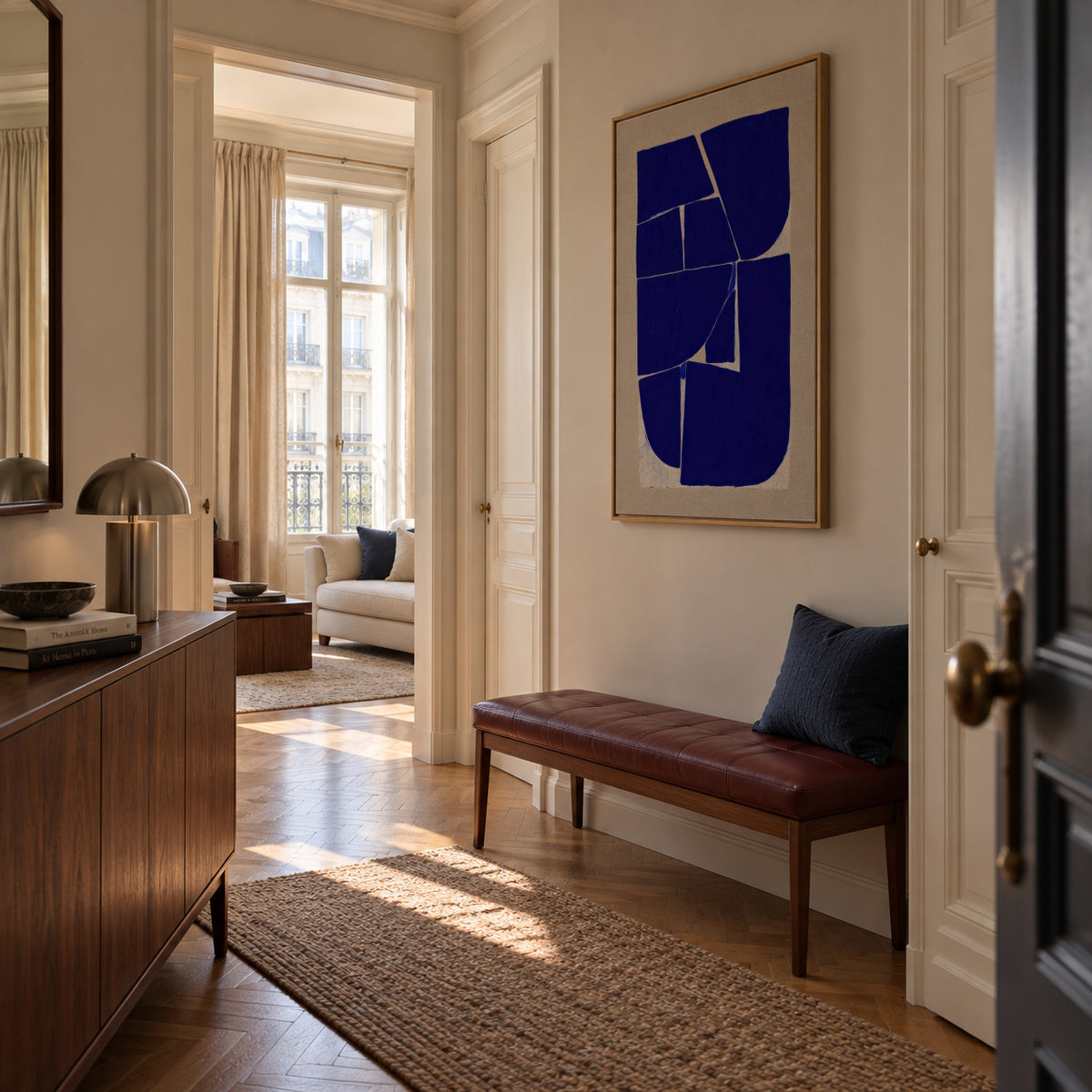 Indigo Mosaic IV - Framed canvas in an interior