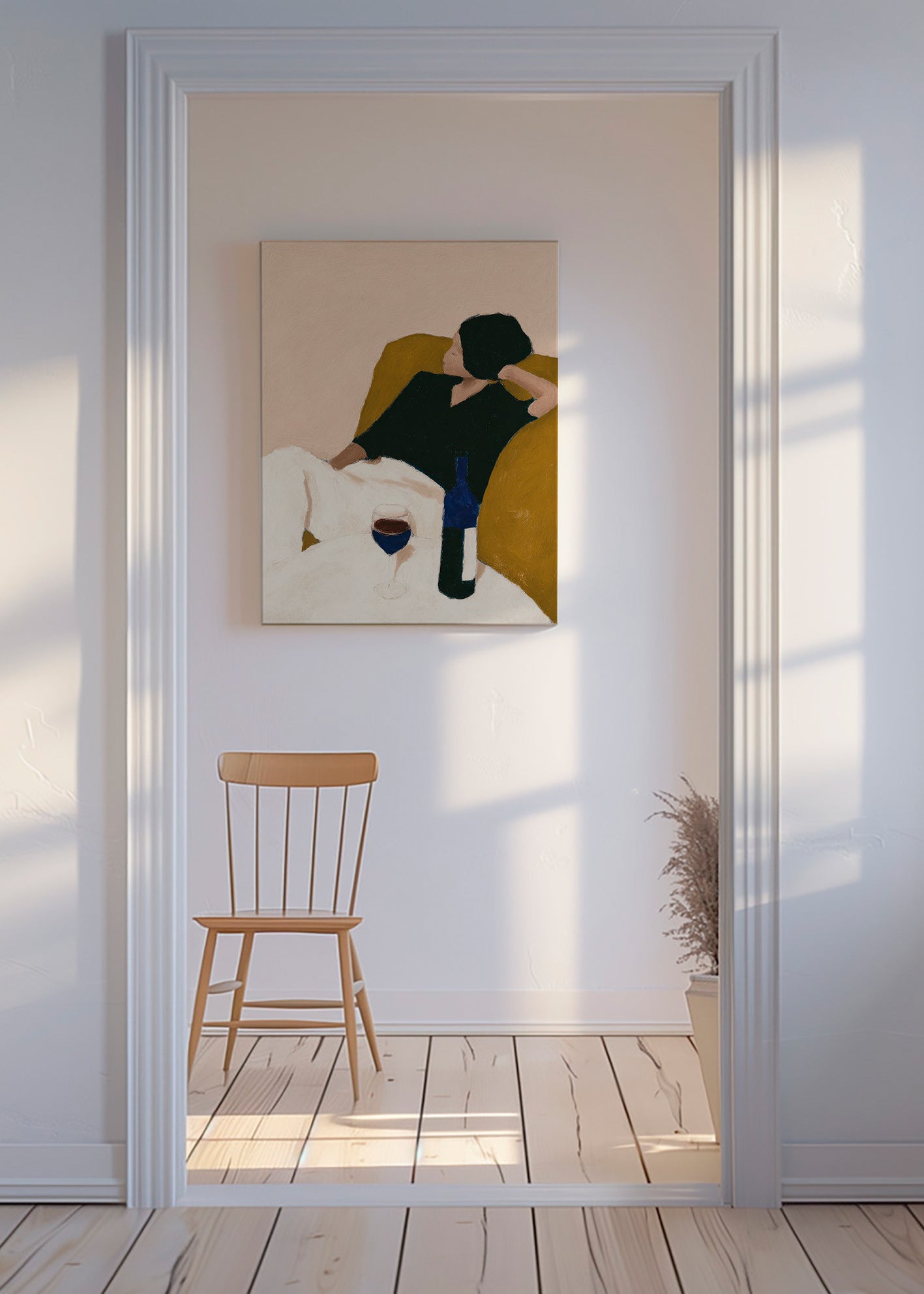 Cuadro de cocina con vino y sillón mostaza – Canvas