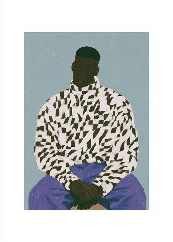 Ilustración figura con camiseta estampada y pantalón morado