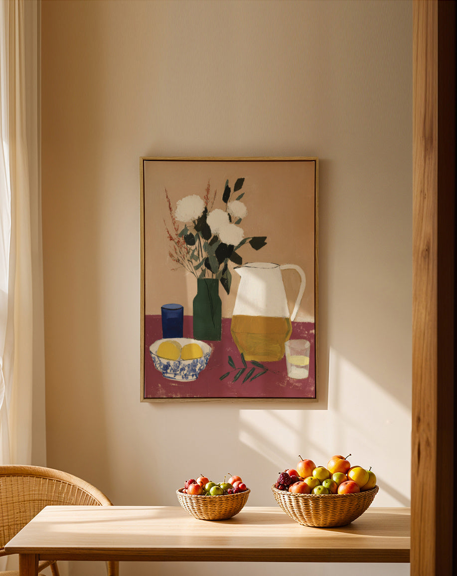 White Flowers & Pitcher I - Framed canvas in an interior