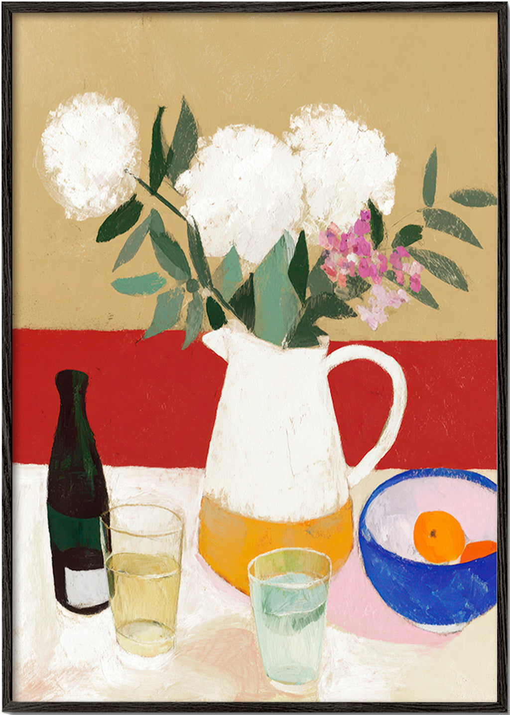 Lámina botánica con jarrón y flores blancas – Black Frame