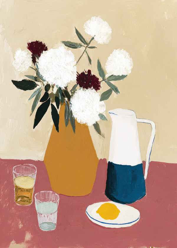 Lámina botánica con jarrón y flores blancas