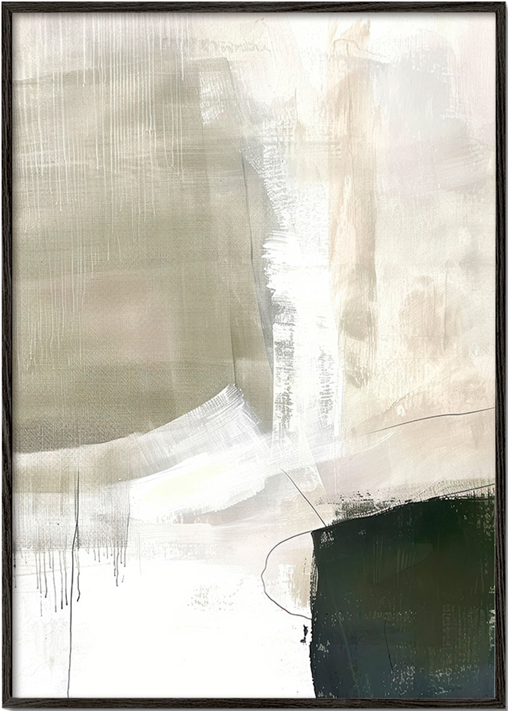Cuadro abstracto en beige y trazos oscuros – Black Frame