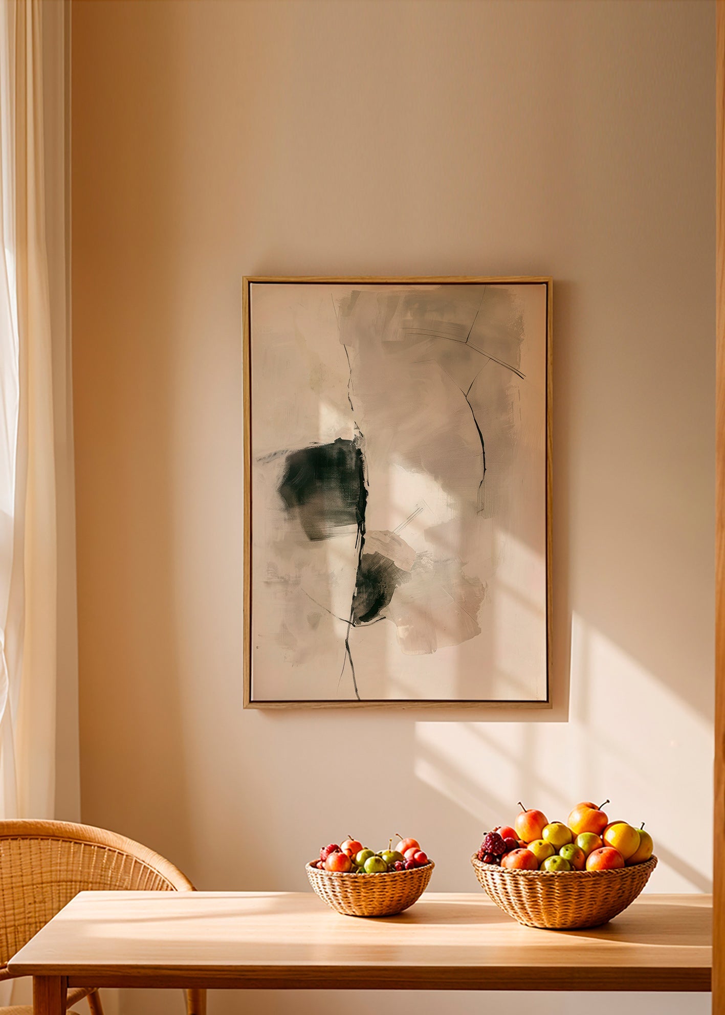 Cuadro abstracto de trazos neutros y manchas verticales – Canvas2