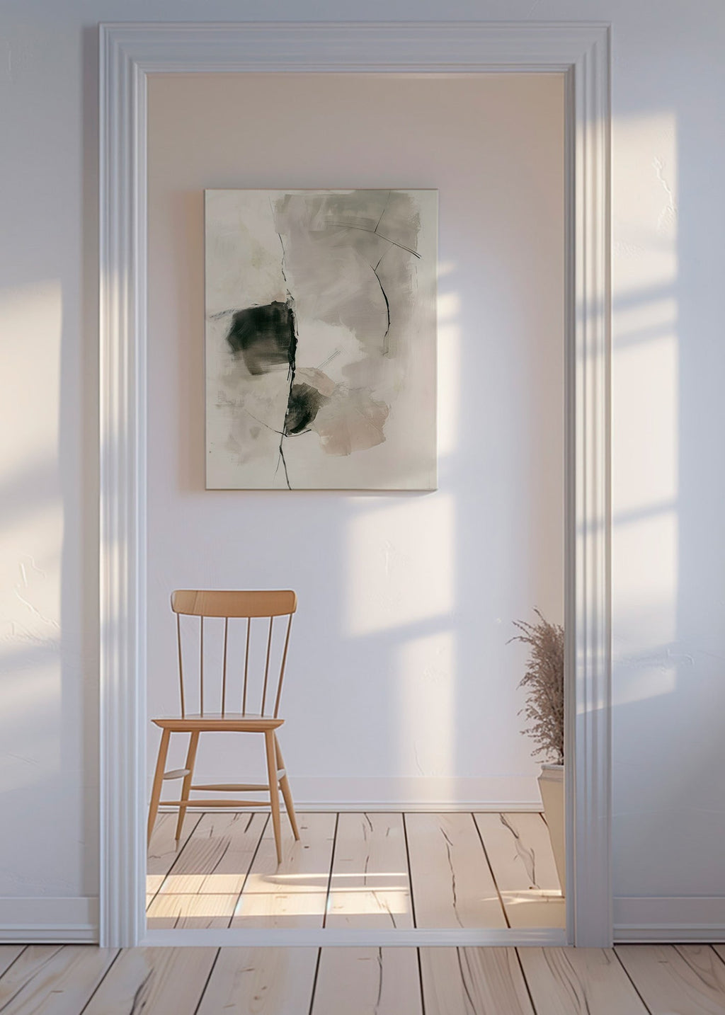 Cuadro abstracto de trazos neutros y manchas verticales – Canvas