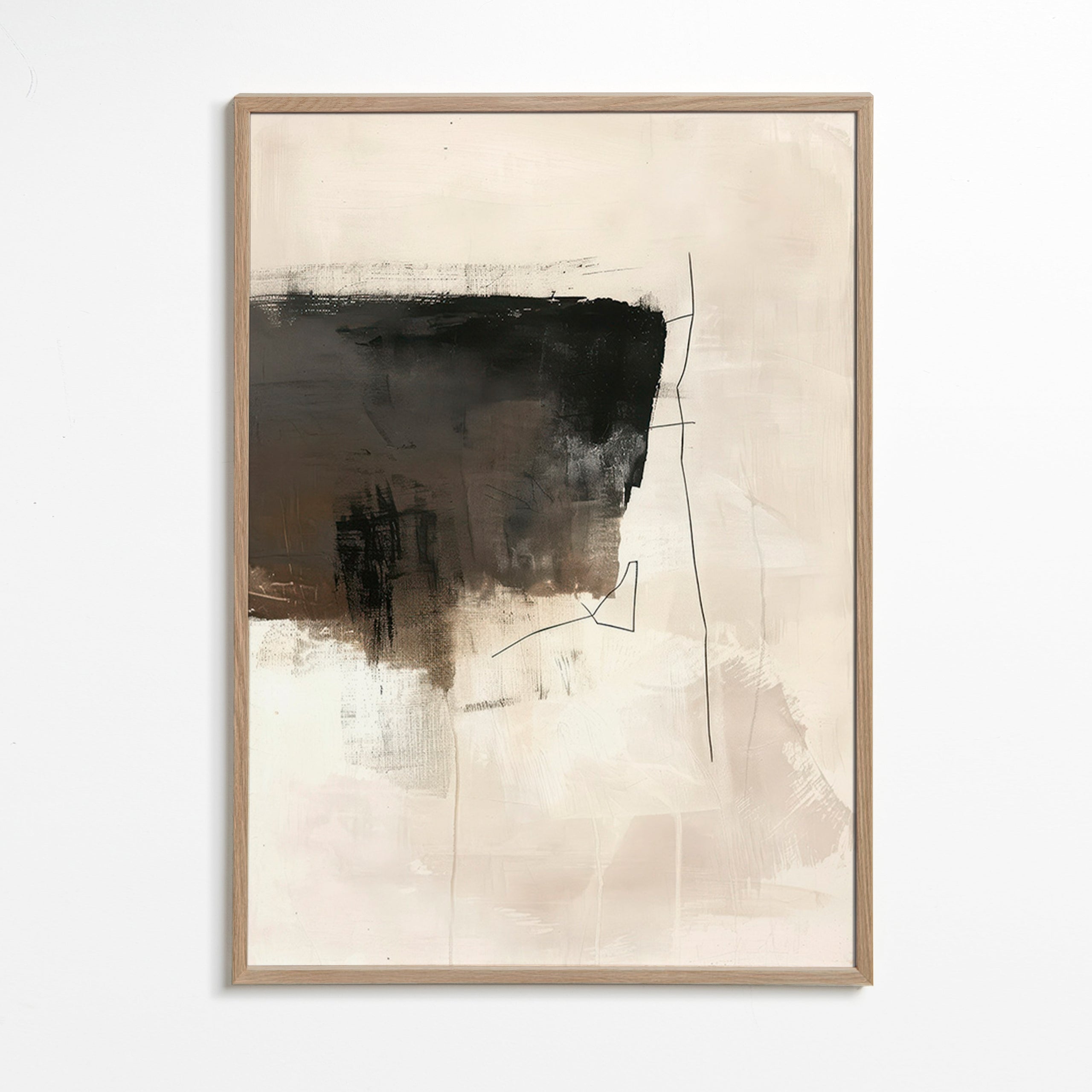 Cuadro abstracto con trazo oscuro sobre fondo beige – Oak Frame