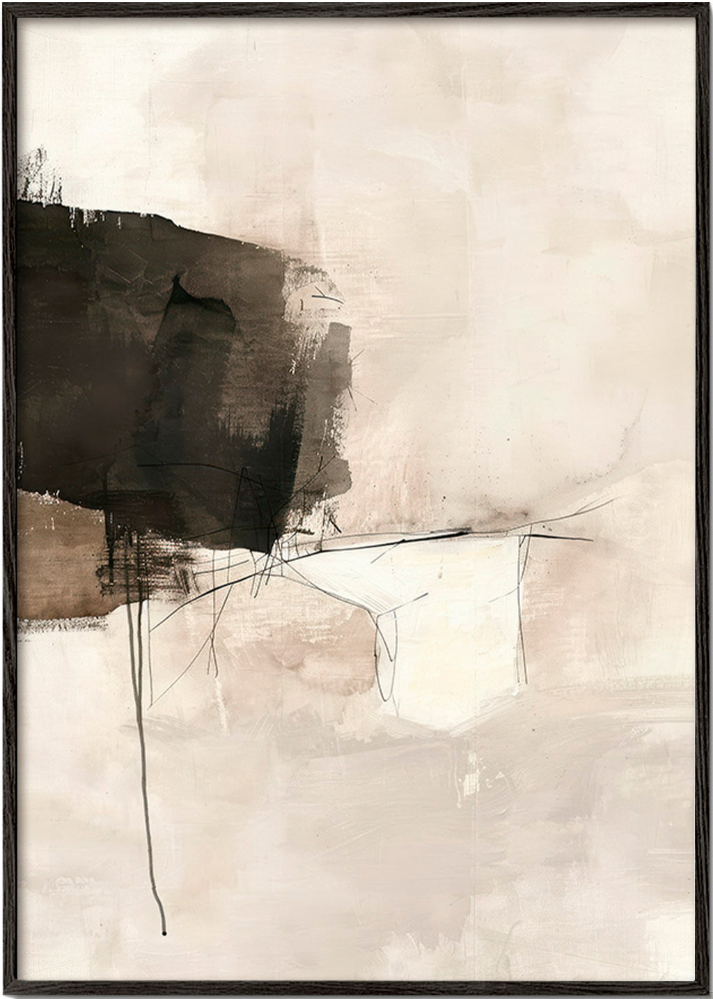 Cuadro abstracto con mancha negra y líneas sutiles – Black Frame