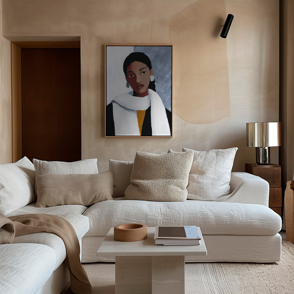 Ilustración de retrato femenino con bufanda blanca – Canvas1