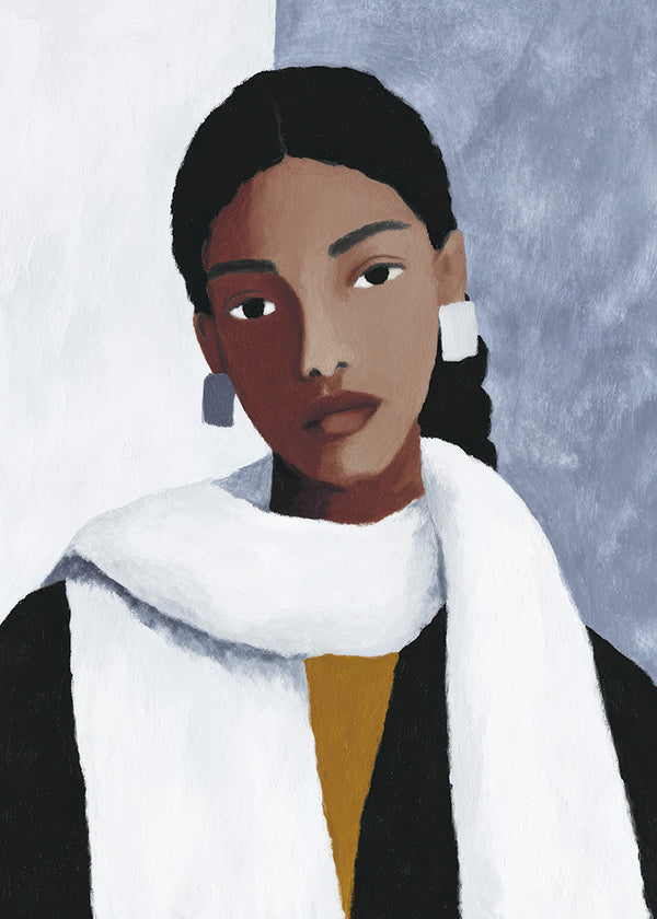 Ilustración de retrato femenino con bufanda blanca