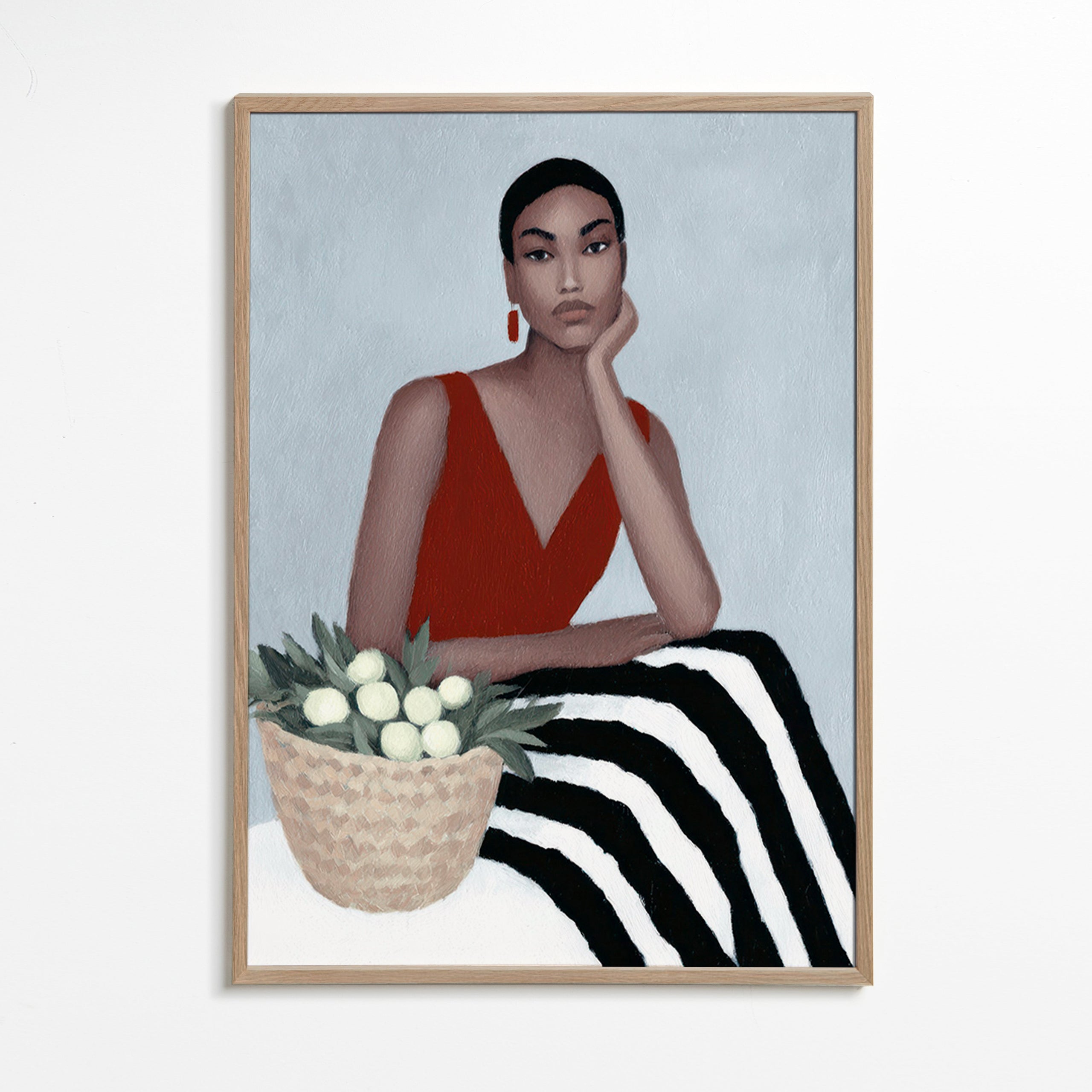 Ilustración de mujer con vestido rojo – Oak Frame