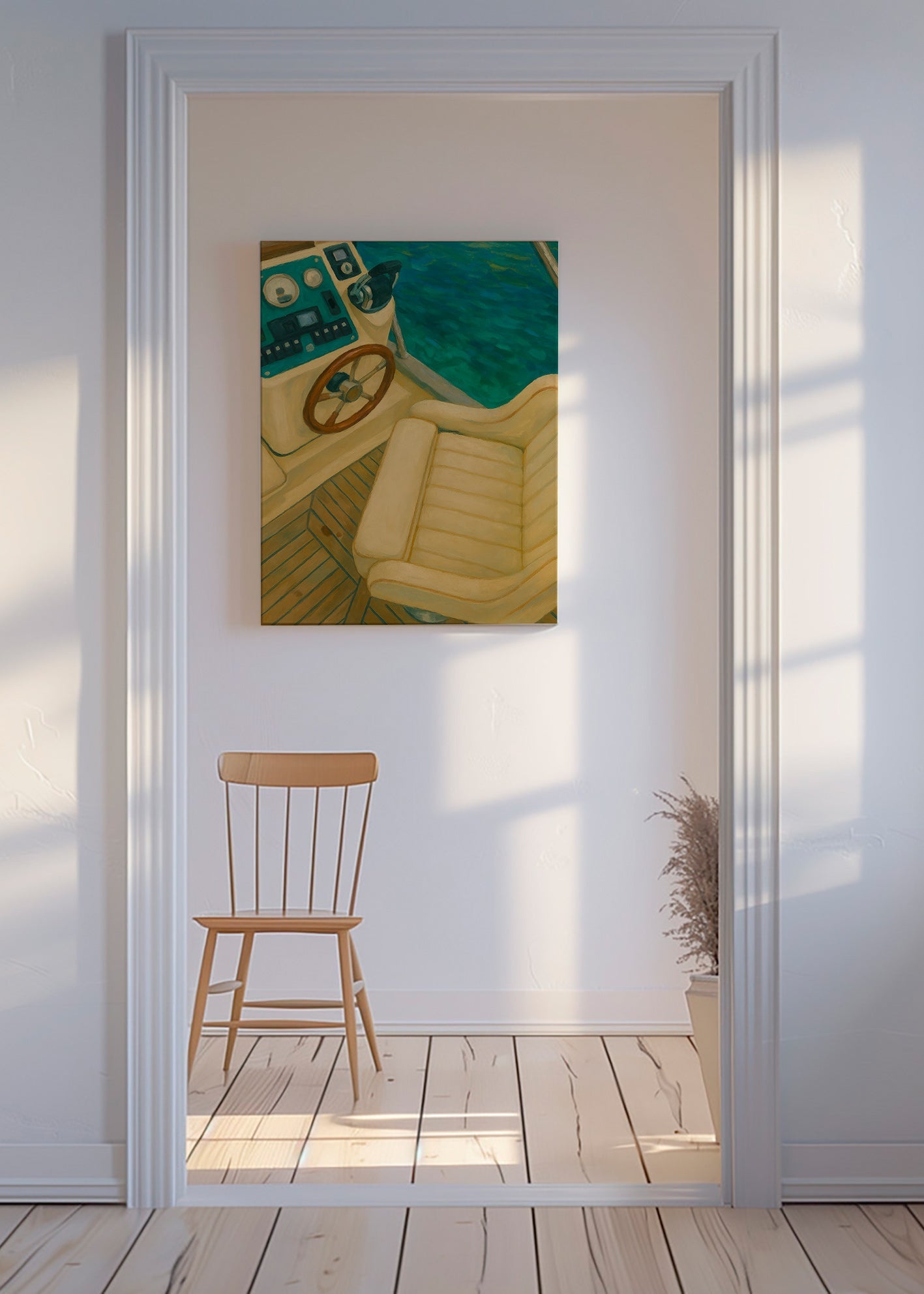 Cuadro de paisaje con timón y mar turquesa – Canvas