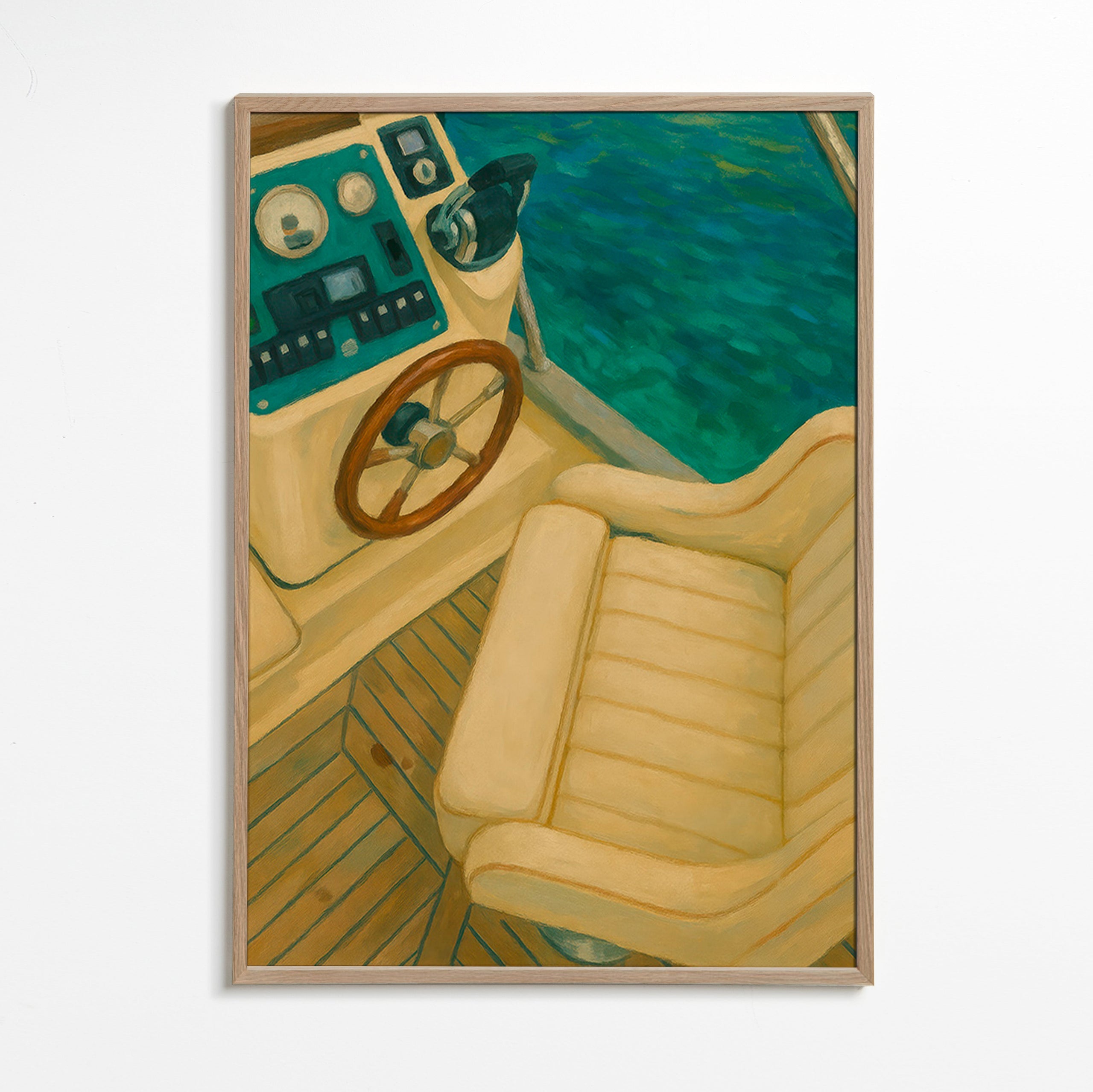Cuadro de paisaje con timón y mar turquesa – Oak Frame