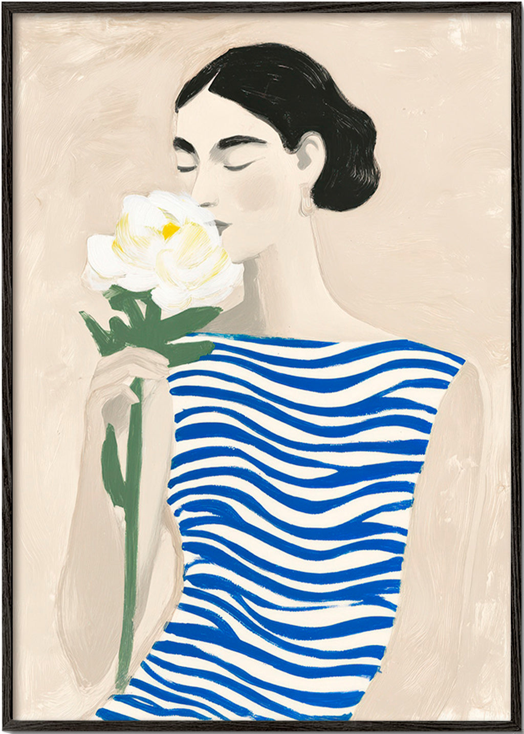 Lámina botánica: mujer con flor y rayas azules – Black Frame