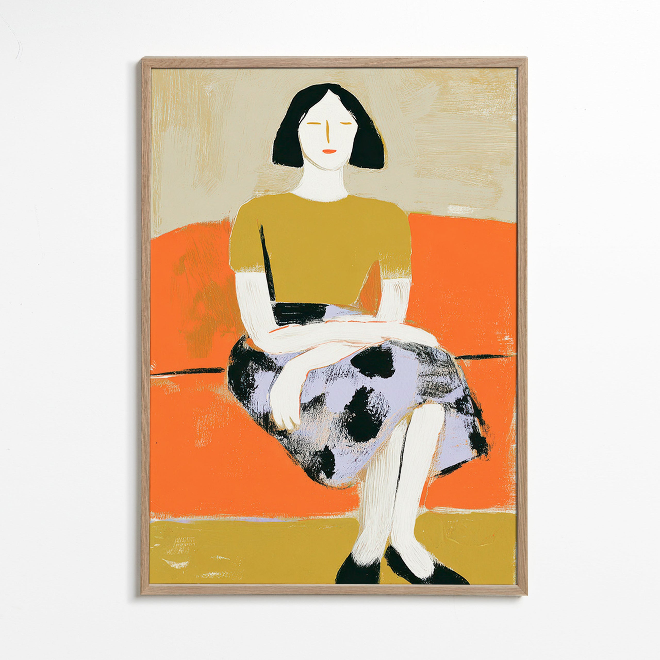 Ilustración femenina sobre sofá naranja – Oak Frame