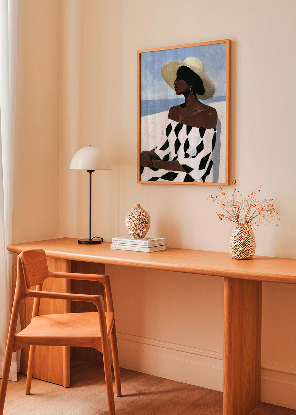 Ilustración de mujer junto al mar con vestido geométrico – Product2