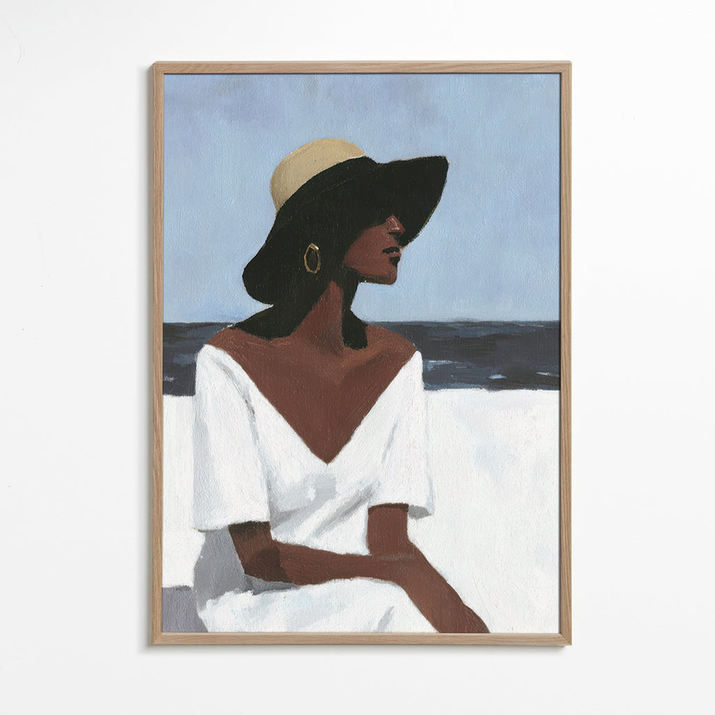 Cuadro de paisaje con figura femenina y sombrero – Oak Frame