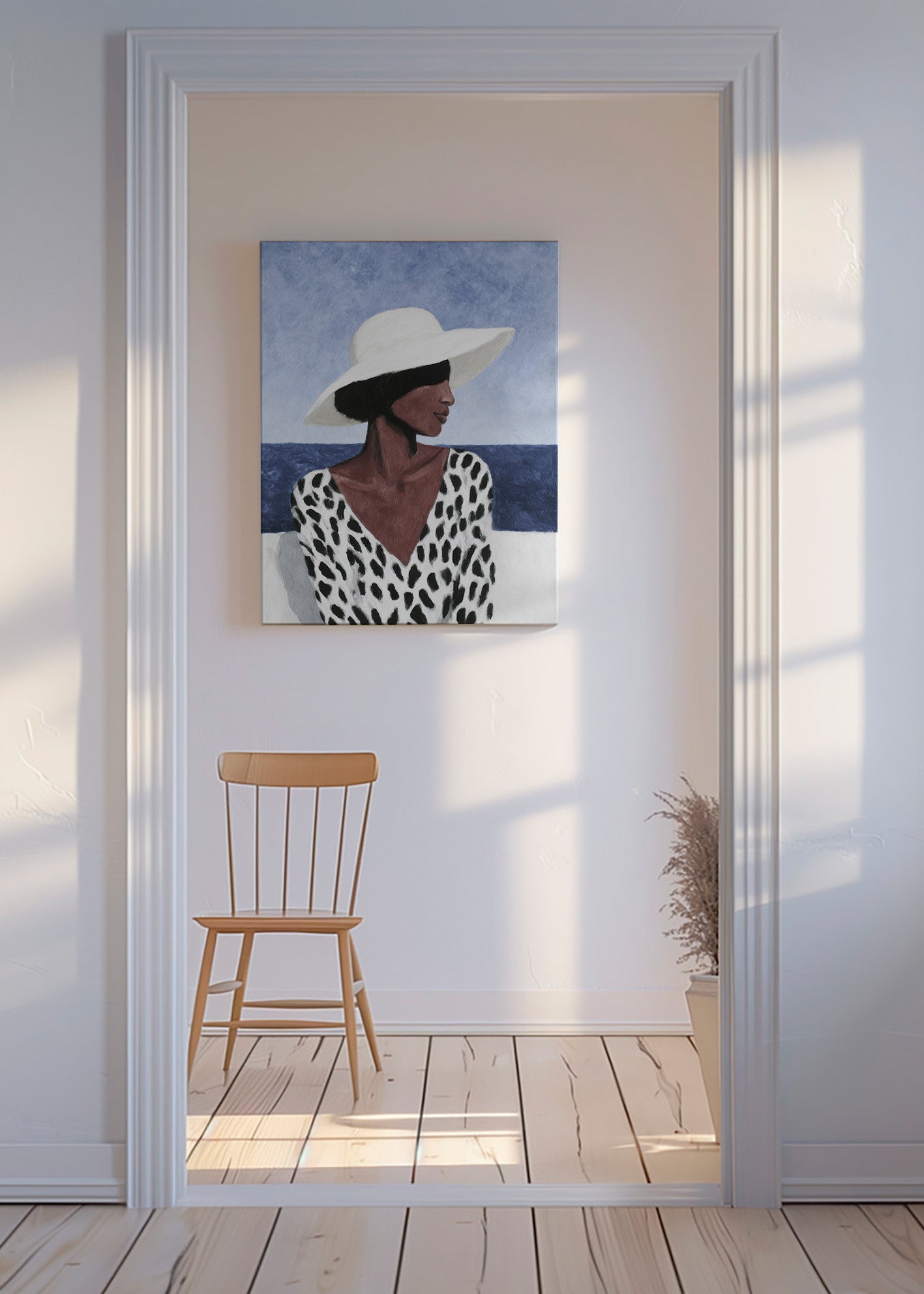 Ilustración de mujer con sombrero y mar – Canvas