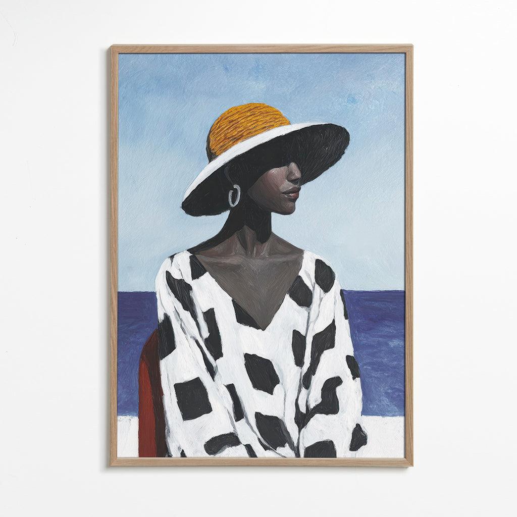 Cuadro retrato femenino con sombrero y mar – Oak Frame