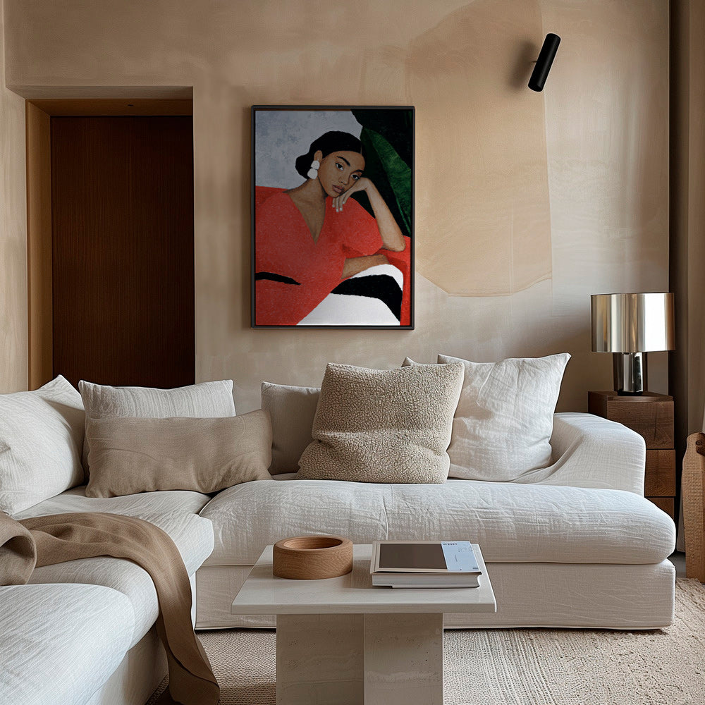 Ilustración de mujer con vestido rojo y hoja tropical – Canvas1